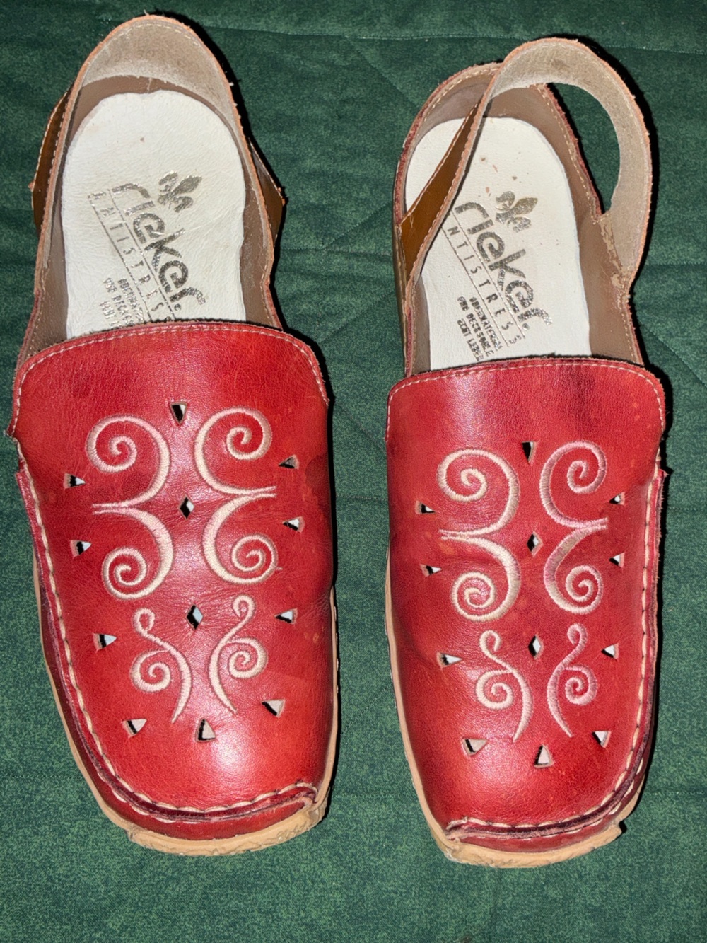 Rieker Antistress Red Leather Embroidered Cutout Slingback Sandals 37
